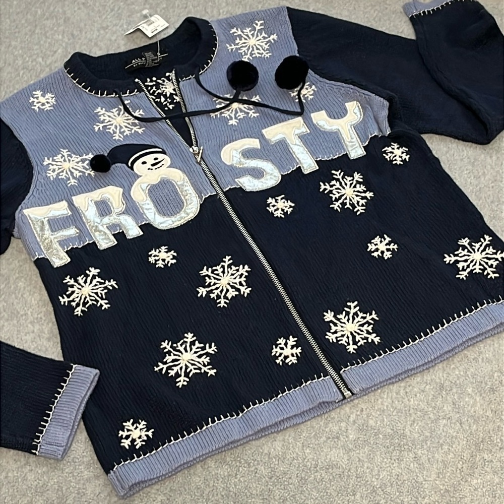 Womens Cardigan Sweater Medium Novelty Snowman Winter Snowflakes Grandma
